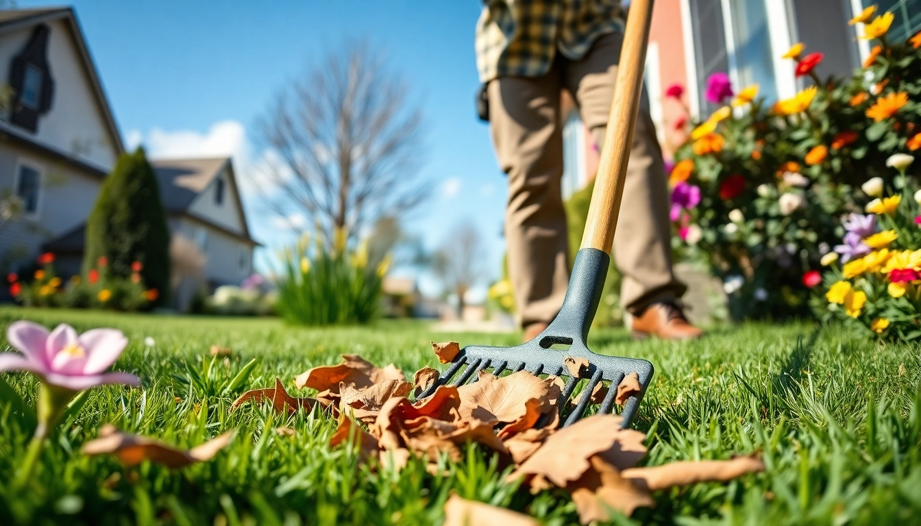 Homeowner performs a spring clean up by raking leaves in a vibrant garden filled with flowers.