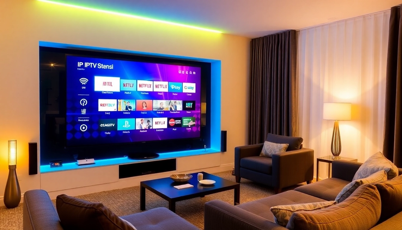 Watch engaging IPTV Suisse content in a cozy, modern living room setting with a vibrant atmosphere.