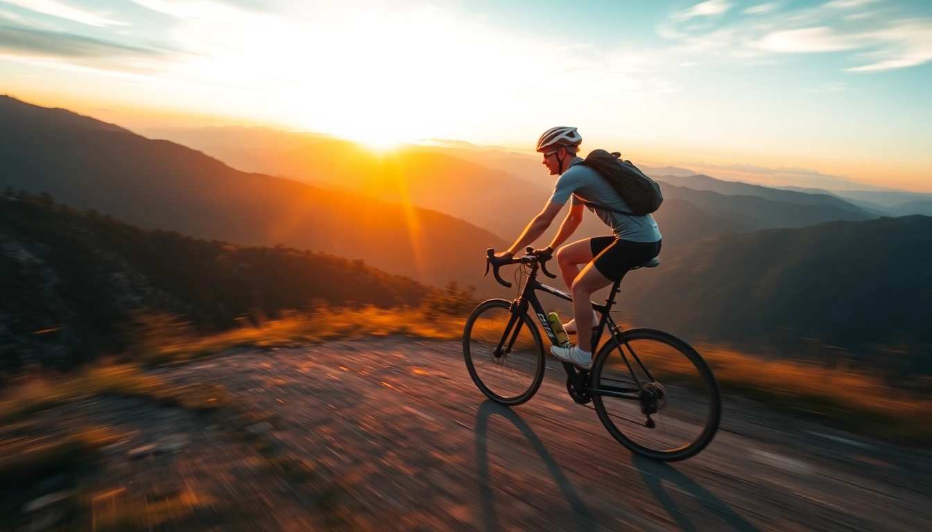 Cyclist climbing a rugged mountain trail at sunset, highlighting the joy of cycling amidst nature.