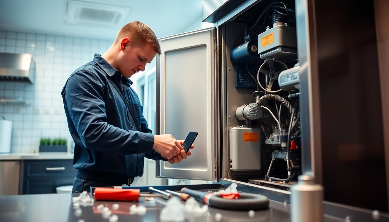 Technician performing ice machine repair in a professional kitchen setting.