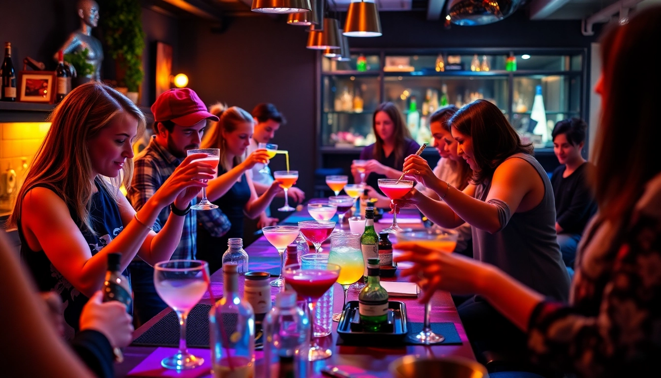 Participants enjoying a cocktailkurs while mixing various colorful drinks in a fun atmosphere.