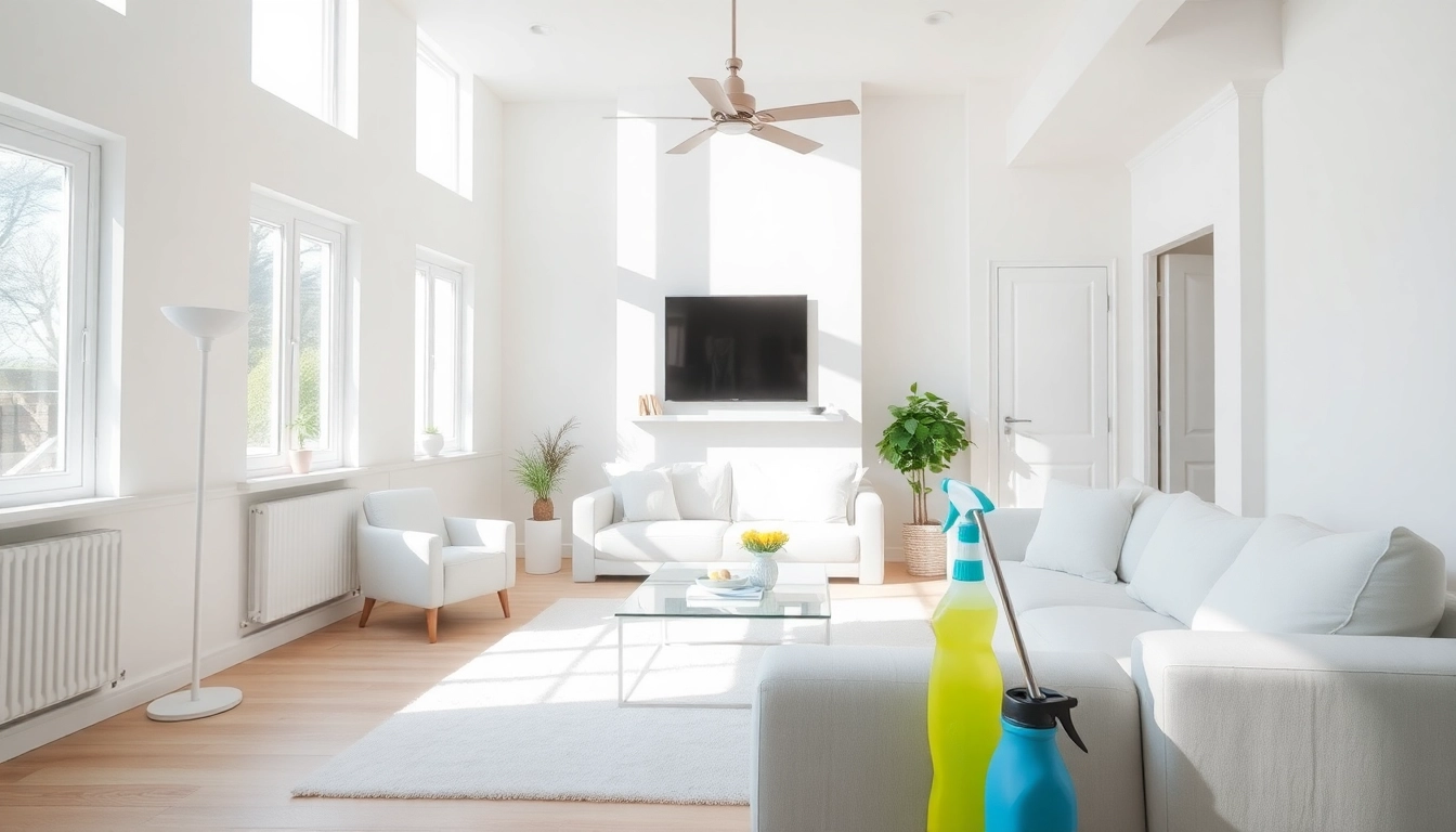 Bond cleaning Logan in a sunny living room with cleaning supplies arranged neatly