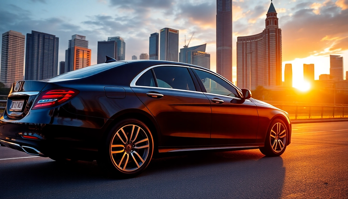 Luxury hire car with driver Kuala Lumpur, showcasing a sleek vehicle in front of iconic city landmarks.