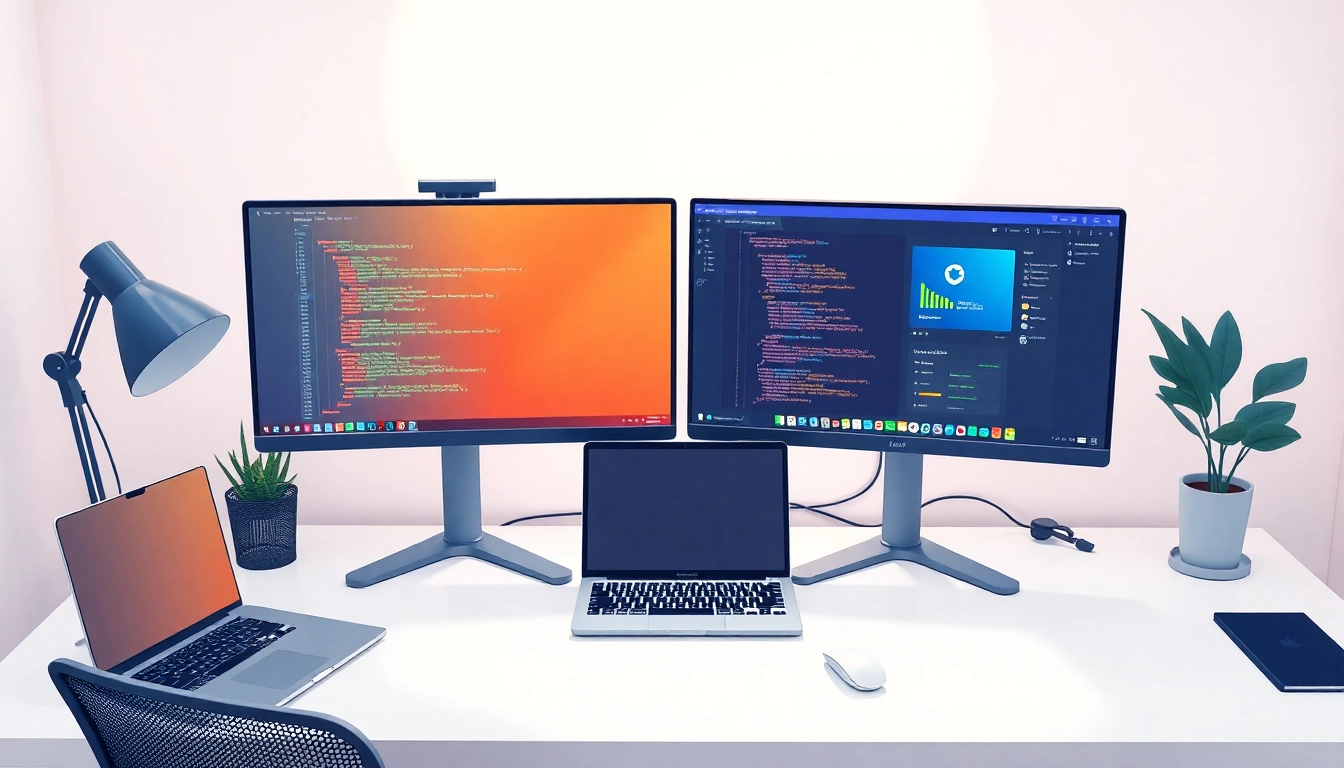 Set up a dual monitor install showcasing a sleek workspace with two productivity-enhancing screens.