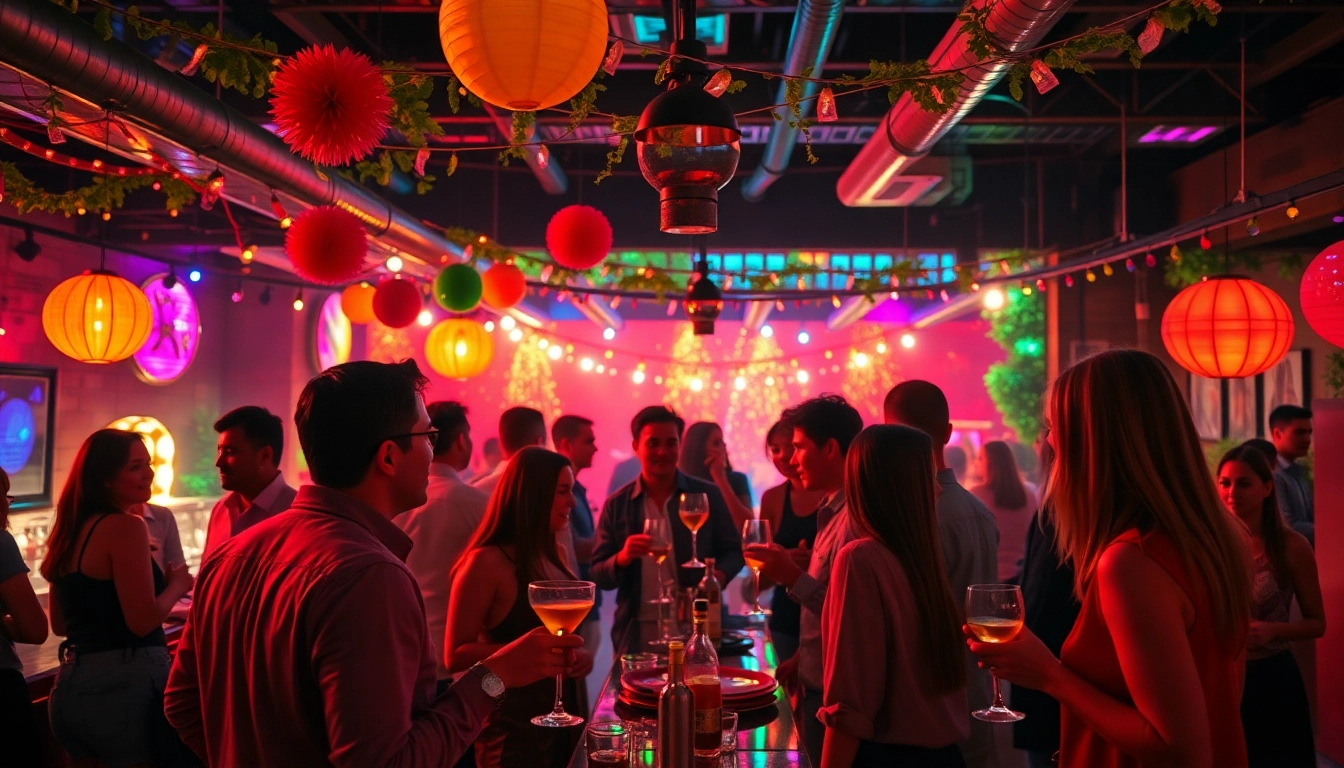 Capture a unique event atmosphere with guests mingling joyfully at an after-work party.