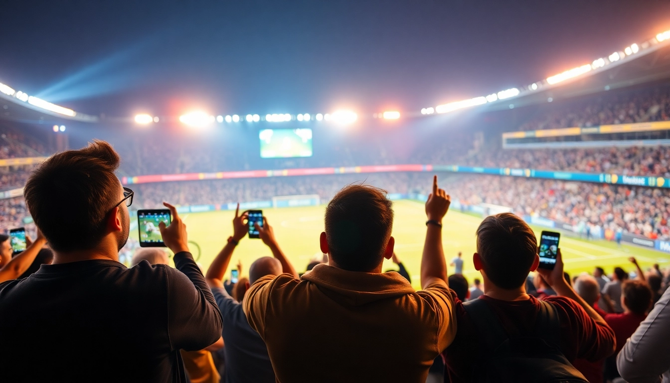 Fans watching live football through เว็บดูบอล services, engrossed in thrilling match moments, showcasing excitement.