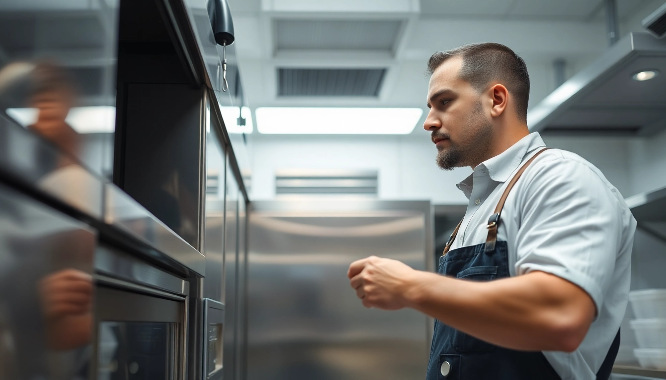 Technician conducting ice machine repair in a well-lit kitchen environment, demonstrating efficient service.