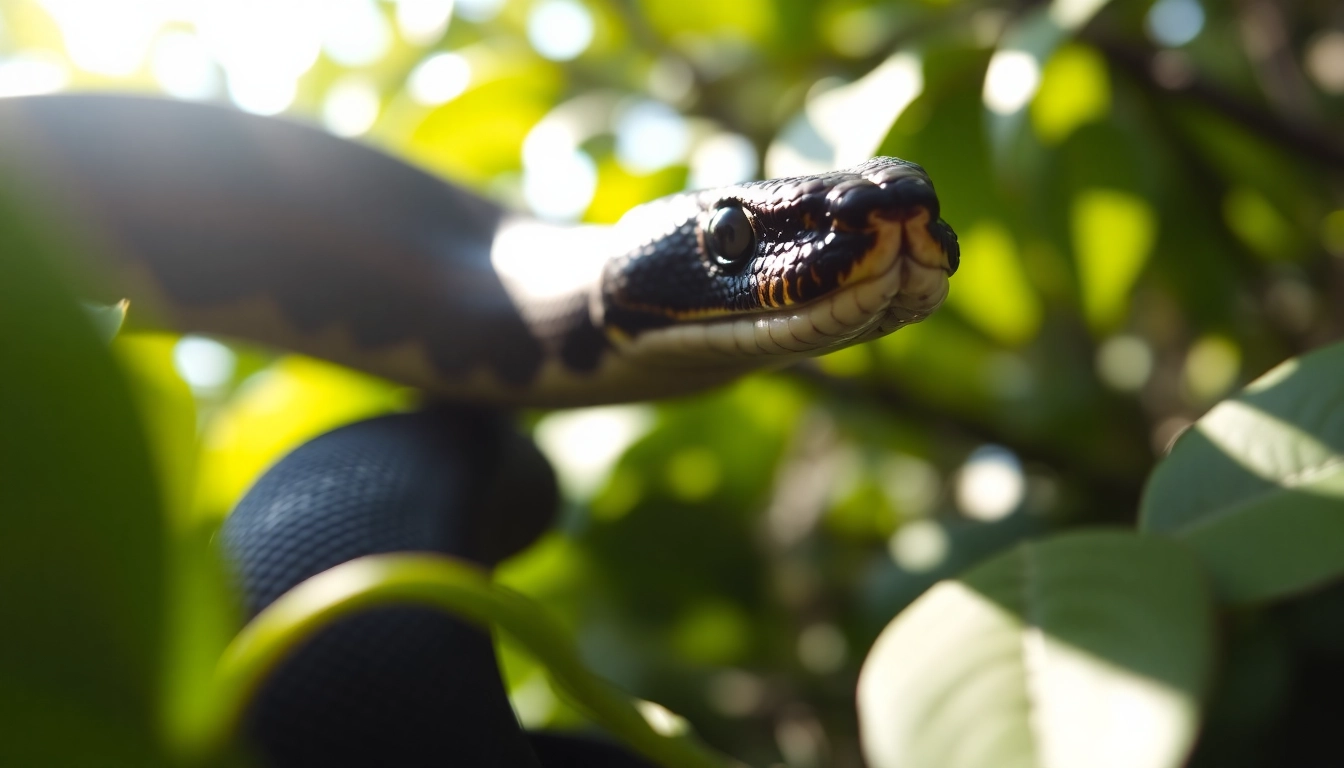 Admire the black ball python for sale​ with glossy scales nestled among leaves in natural sunlight.